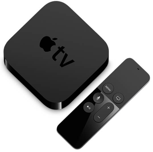 l'immagine contiene una apple tv di 4° generazione e il suo telecomando touch