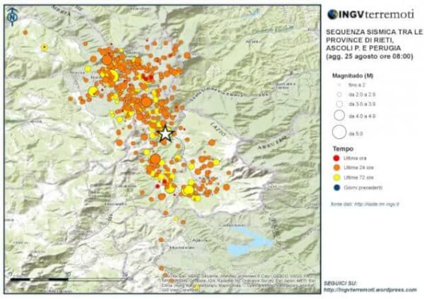 l'immagine contiene la mappa delle scosse di terremoto di amatrice