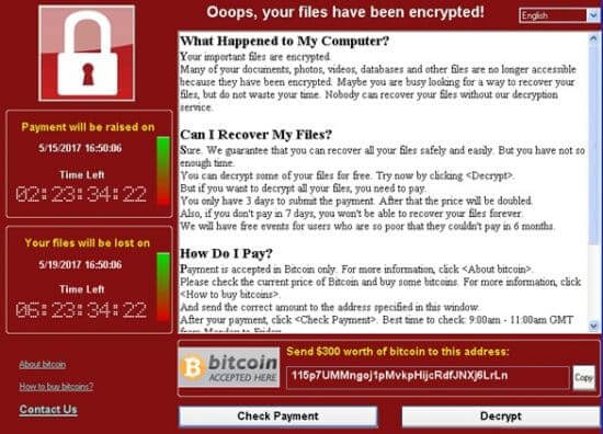 l'immagine contiene una schermata del Ransomware WannaCrypt