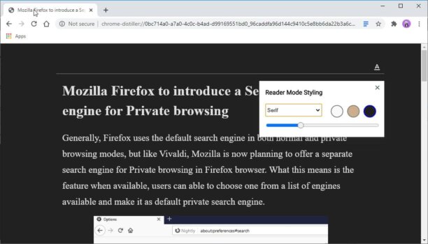 uno screenshot della modalità reader in Chrome